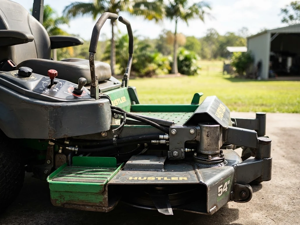 Close-up of a professional zero-turn mower deck
